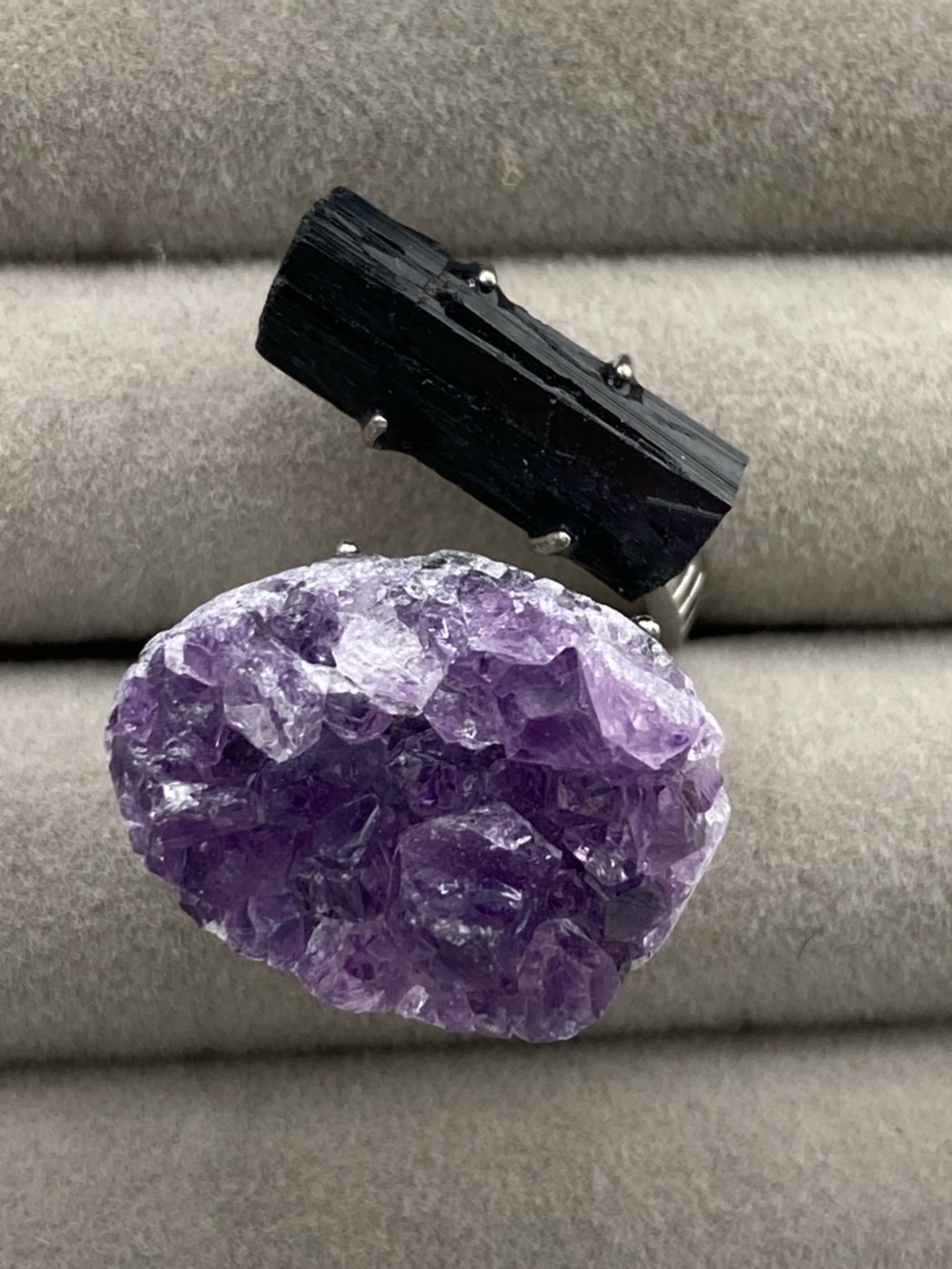 Raw Black Tourmaline & Amethyst Cluster Bypass Ring Protect & Calm